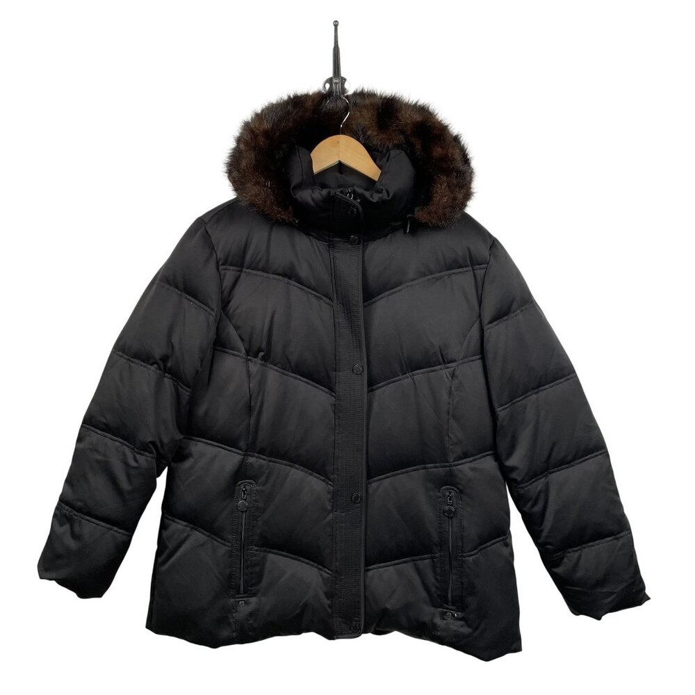 Calvin Klein Down Jacket Womens XL Black Faux Fur‎ Hood